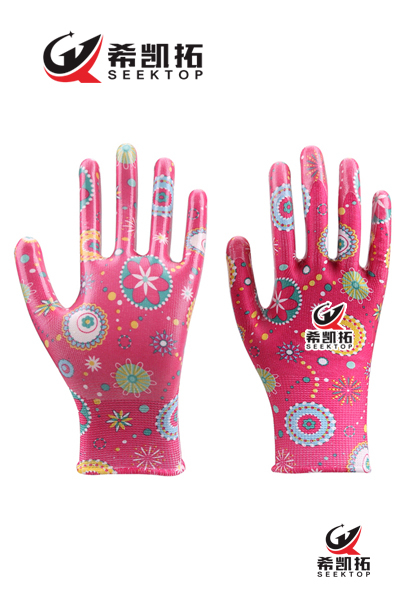 13G Floral Printed Polyester Shell Smooth Nitrile Coated